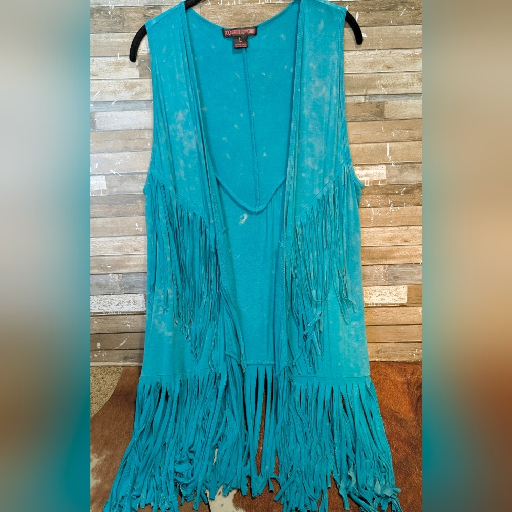 Rock & Roll Cowgirl Turquoise Stonewashed Fringed Vest